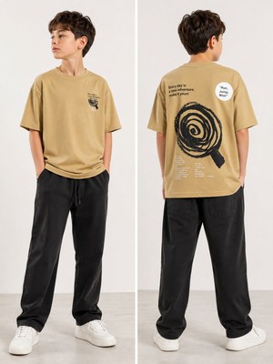 NK Erkek Çocuk Ön Arka Baskılı Tshirt Yumuşak Dökümlü Dokuma Pantolonlu Takım