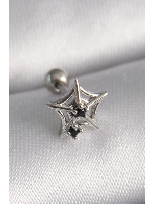 Lumina 316L Çelik Gümüş Renk Siyah Zirkon Taş Detay Örümcek Ağ Model Tragus Piercing