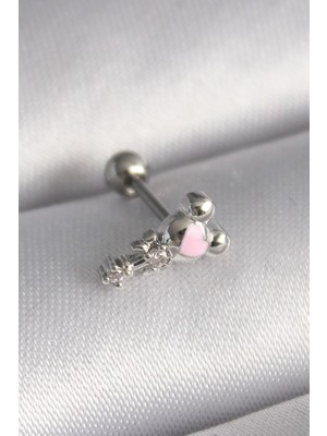 Lumina 316L Çelik Gümüş Renk Zirkon Taş Detay Pembe Kalp Işleme Tragus Piercing
