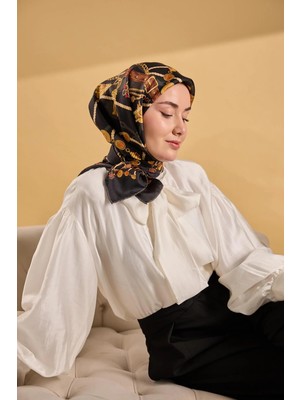 Silk Home Twill Ipek Eşarp 11530-02 Siyah - Gold Kemer Desen