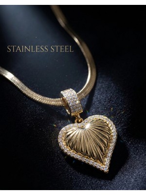 Stainless Steel 316L Çelik Gold Renk Zirkon Taşlı Büyük Kalp Model Kolye
