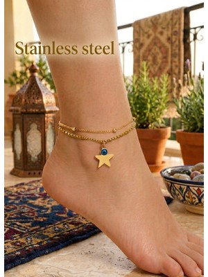 Stainless Steel Gold Renk Asansör Top Büyük Yıldız Nazar Göz Çelik Halhal