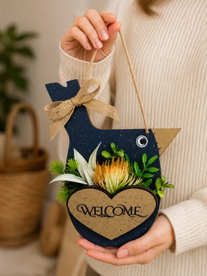 Rosfloa Kuş Figürlü Welcome Kapı Süsü Yapay Çiçekli Ahşap Kapı Dekoru Ev Giriş Süsü (23 Cm)
