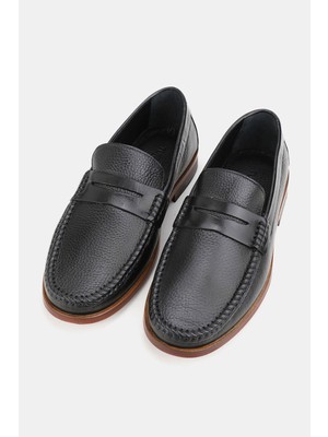 Tunaelli Erkek Siyah Hakiki Doğal Deri Kösele Taban Loafer Günlük Ayakkabı