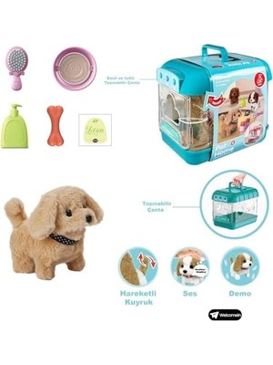 YF Tekstil Ambalaj Oyuncak Sesli Işıklı Yürüyen Hareketli Köpek Taşıma Çantalı Aksesuarlı Set Taşınabilir Çanta +Pil (Mavi-Sarı)