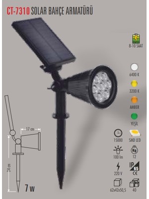 Cata 7W Ct-7310 Solar Bahçe Armatürü Amber Renk Dış Mekan Kullanımına Uygun Enerji Verimli