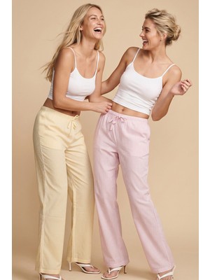 Siyah İnci Pembe Sarı 2\'li Çizgi Desenli Mevsimlik Ince Örme Tek Alt Pijama Altı 8048
