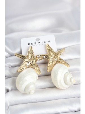Lumina Doğal Deniz Kabuğu ve Gold Renk Yıldız Model Kadın Küpe
