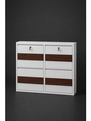 Karlı 2+2 Kilitli Beyaz (Ahşap Detaylı) Metal Ayakkabılık