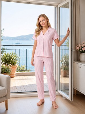 Kadın Yazlık Çizgili Boydan Düğmeli Pijama Takımı Alperi 780-112