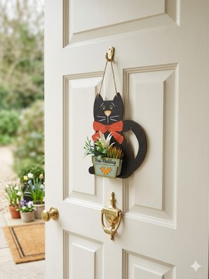 Rosfloa Kedi Figürlü Kapı Süsü Yapay Çiçekli Ahşap Kapı Dekoru Ev Giriş Süsü (23 Cm)