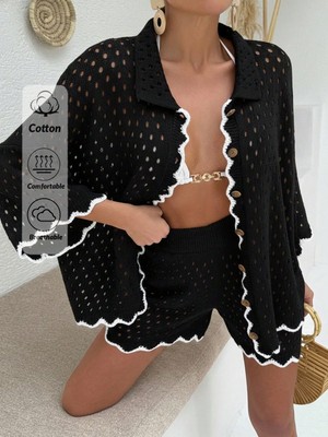 Jinx Wear Fashion Önü Düğmeli, Kadın Gömlek ve Kısa Şortlu Delikli Ajurlu Yaz Plaj Takımı.