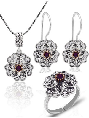 Midyat Nurtaş Gümüş Yakut Taşlı Gül Model Oksitli 925 Ayar Gümüş Telkari Kadın Üçlü Set 201025647