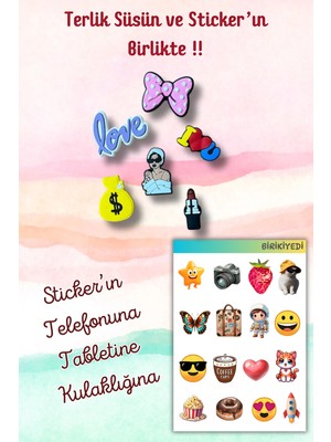 Birikiyedi 6'lı Jibbitz Terlik Süsü Pembe Kurdele,love,ruj,dolar