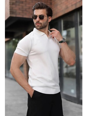 Madmext Beyaz Regular Fit Polo Yaka Triko Erkek Tişört E7502