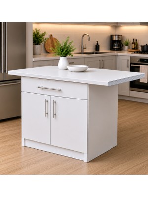 T Designo Korn Mutfak 1 Çekmeceli 2 Kapaklı Mutfak Adası-Alt Modül 130 cm - Çok Amaçlı Dolap -Beyaz Laminat Tezgah Dahil
