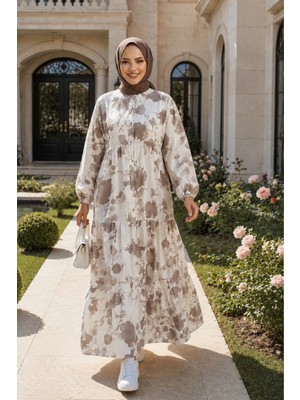 Harma Time Butik Kadın Düğmeli Desenli Modal Kumaş Kahverengi Elbise