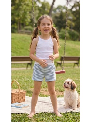 Queen Kids  Kız Çocuk Çizgili Şort Mavi