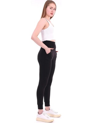 Gugus Kadın Siyah Geniş Kemerli Yandan Cepli Jogger Eşofman Tayt