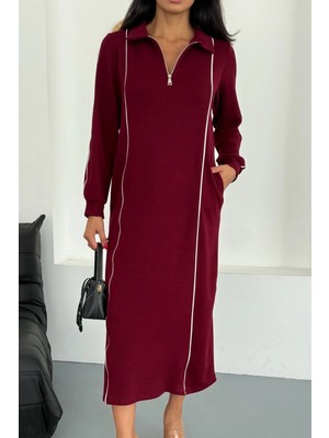 Ded Collection Kadın Polo Yaka Yarım Fermuarlı Arabiyeli Uzun Modal Elbise