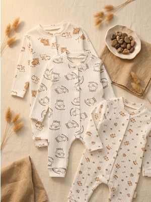 Noone 3'lü Bebek Uzun Tulum Seti | Klasik Unisex | %100 Pamuk Rib | Ayıcık-Kuzu