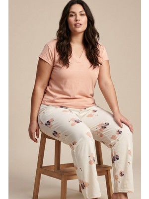 Siyah İnci Somon Desenli Büyük Beden Battal Boy Viskon Örme Pijama Takım