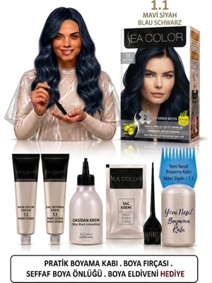Sea Color Set Saç Boyası 1.1 Mavi Siyah 2 Li +Pratik Boya Kabı