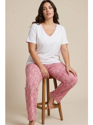 Siyah İnci Ekru Desenli Büyük Beden Battal Boy Viskon Örme Pijama Takım