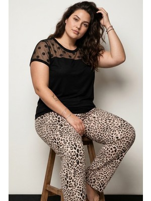 Siyah İnci Siyah Beyaz Leopar Desenli Tül Detaylı Büyük Beden Battal Boy Viskon Örme Pijama Takım