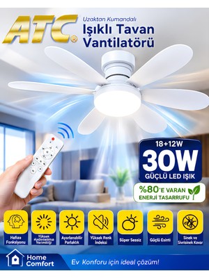 Atc Uzaktan Kumandalı Işıklı Tavan Vantilatörü E27 – 6 Kanatlı LED Tavan Fanı, 3 Renk Işık, 3 Kademe Rüzgar Hızı