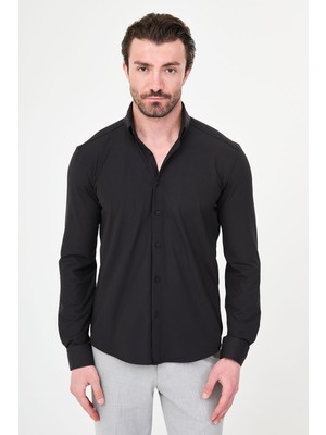 MCR Çizgili Slim Fit Dik Yaka Uzun Kollu Erkek Gömlek