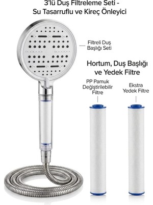 Segy Home 3 Lü Set Yüksek Basınçlı Klor ve Kireç Önleyici Filtreli Duş Başlığı Seti / 6 Fonksiyonlu, 2 Yedek Filtreli, Paslanmaz Hortum