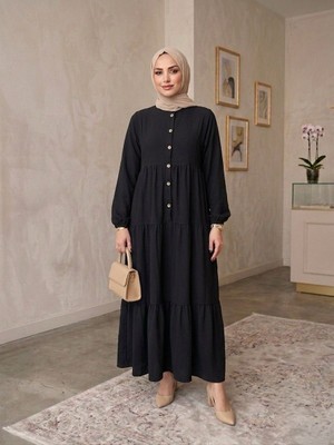 Eceylül Moda %100 Pamuk Önü Düğmeli Siyah Salaş Bol Kesim Kat Kat Uzun Tesettür Elbise