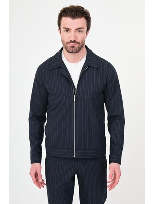 MCR Çizgili Slim Fit Gömlek Yaka Fermuarlı Erkek Mont Pantolon