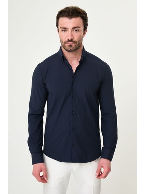 MCR Çizgili Slim Fit Dik Yaka Uzun Kollu Erkek Gömlek