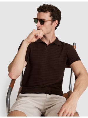 Pierre Cardin Erkek Koyu Kahverengi Slim Fit Keten Karışımlı Apaş Yaka Triko Tişört 50320799-VR084