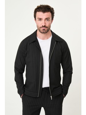 MCR Çizgili Slim Fit Gömlek Yaka Fermuarlı Erkek Mont Pantolon