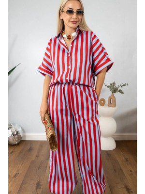 Muna Boutique Kadın Kırmızı Mavi Gömlek Pantolon Takım