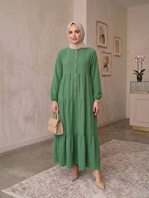 Eceylül Moda %100 Pamuk Önü Düğmeli Siyah Salaş Bol Kesim Kat Kat Uzun Tesettür Elbise