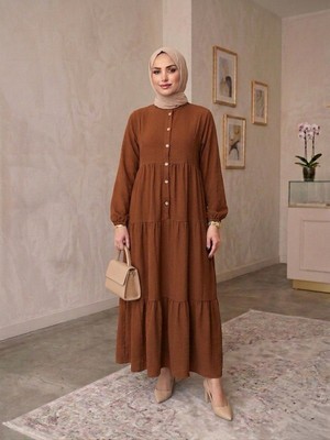Eceylül Moda %100 Pamuk Önü Düğmeli Siyah Salaş Bol Kesim Kat Kat Uzun Tesettür Elbise