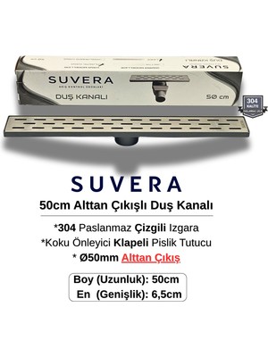 Suvera 50CM 304 Paslanmaz Izgaralı (Alttan Çıkışlı) Koku Önleyici Klapeli Duş Kanalı – Ø50MM Alt Çıkış - (Çizgili Izgara)