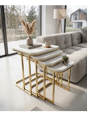 Aylive Mobilya Tekerlekli Zigon Sehpa - 4lü Tekerlekli Gold Ayaklı Beyaz Zigon Sehpa