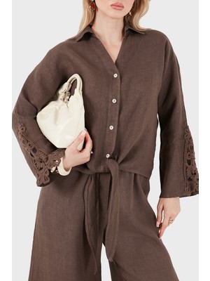 Viadante Via Dante Relaxed Fit Güpür Detaylı Uzun Kollu Keten Gömlek Bayan Gömlek 699E31842