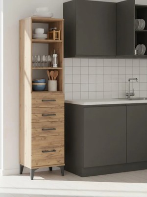 Dienni Arges Çok Amaçlı Dolap Mutfak Banyo Dolabı 3 Raflı 4 Çekmeceli 44X30X182 Çam-Çam