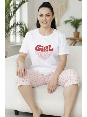 Siyah İnci Desenli Pamuklu Büyük Beden Battal Boy Örme Kapri Pijama Takım