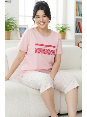 Siyah İnci Desenli Pamuklu Büyük Beden Battal Boy Örme Kapri Pijama Takım