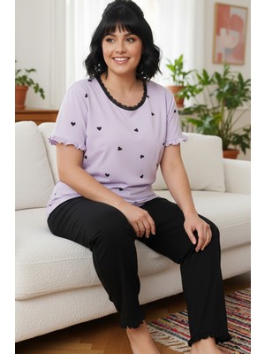 Siyah İnci Desenli Pamuklu Büyük Beden Battal Boy Örme Pijama Takım