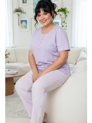Siyah İnci Desenli Pamuklu Büyük Beden Battal Boy Örme Pijama Takım