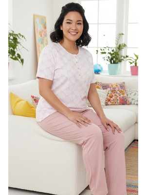 Siyah İnci Desenli Pamuklu Büyük Beden Battal Boy Örme Pijama Takım