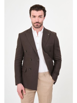 MCR Düz Slim Fit Geniş Yaka Kruvaze Torba Cep %100 Keten Erkek Ceket